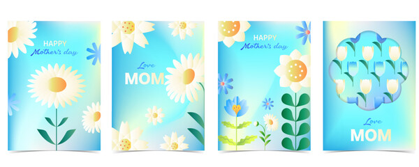 Fototapeta premium mother's day blue invitation card with white daisy flower art nouveau style for a4 vertical background