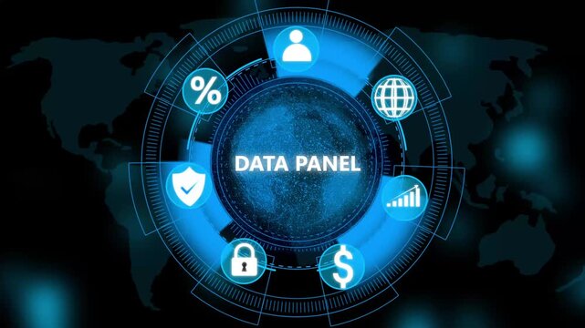 Data Panel interface, offering a centralized view of global statistics, security, and financial information. circles and Global Connectivity on world map background.