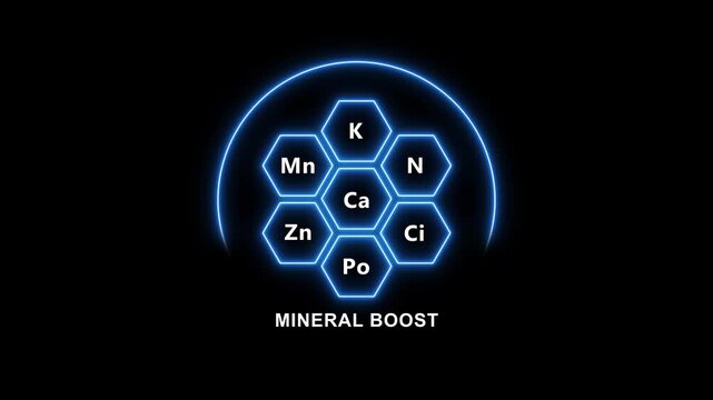 Mineral boost infographic with glowing blue hexagons and chemical symbols on black background