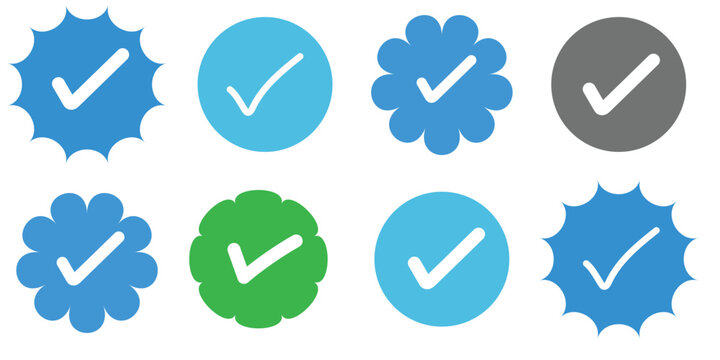 Blue tick collection of verified check mark icons and approval badges in various shapes and colors for profile validation.Instagram, Facebook, Twitter, Tiktok, Telegram, Whatsapp, Viber, Youtube