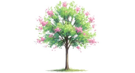 Obraz premium A tree with pink flowers and green leaves on a white background