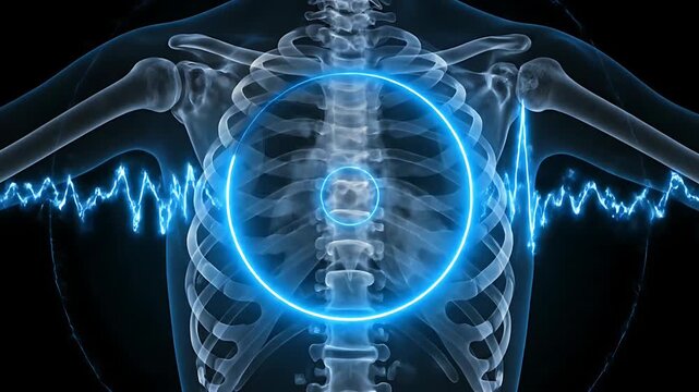 Glowing Blue Thoracic X-Ray with Vital Signs Medical Scan