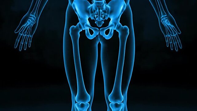 Glowing Blue X-Ray Human Skeleton Torso with Laser Beam