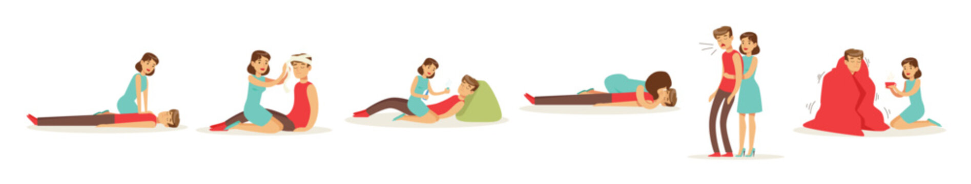 first aid resuscitation procedures set young woman