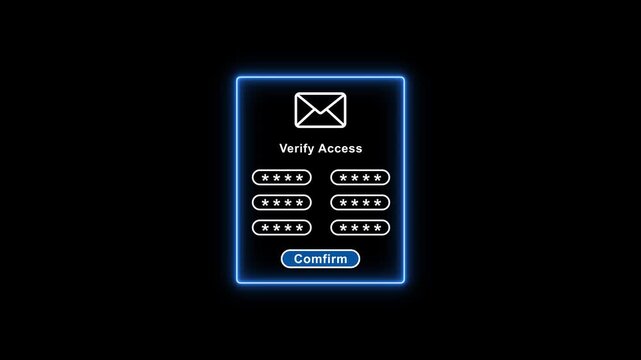 Neon glowing verify access screen with password input fields on dark background for cybersecurity and technology concepts