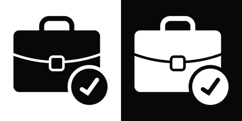 Obraz premium Bold briefcase icon with a checkmark symbol. Represents completed business tasks, project success, approved work, and job completion. Modern black and white flat vector.