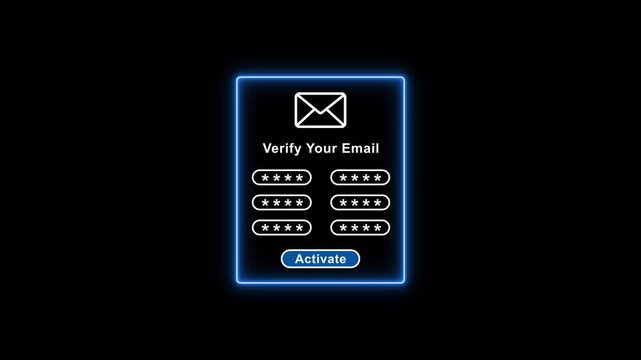 Email verification screen with password input fields and activate button on dark background with neon glow