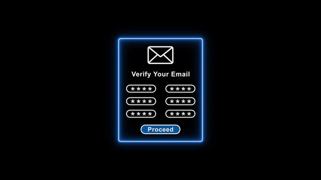 Email verification screen with password input fields and proceed button on dark background with neon glow