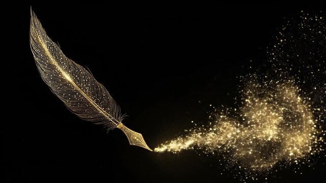 A detailed golden feather pen with sparks against a black background