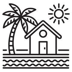 Tropical Beach House Line Icon &ndash; Palm Tree, Ocean Waves and Sun Outline Vector
