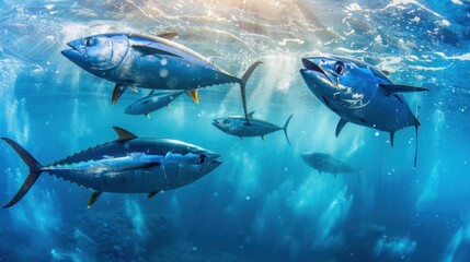 Fototapeta premium A group of bluefin tuna swimming in clear blue ocean water. The fish display vibrant colors and streamlined bodies, showcasing their natural habitat.