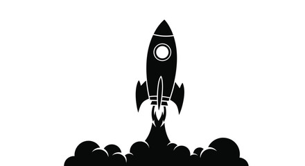 Black silhouette rocket ship launching into the air with smoke and flames on a white background symbolizing innovation and progress © Tuli