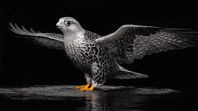A majestic raptor stands with wings spread, speckled plumage against a dark backdrop, water reflection