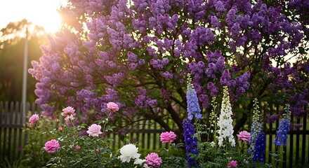 Obraz premium Blooming garden with lilac, roses and delphiniums at sunset.