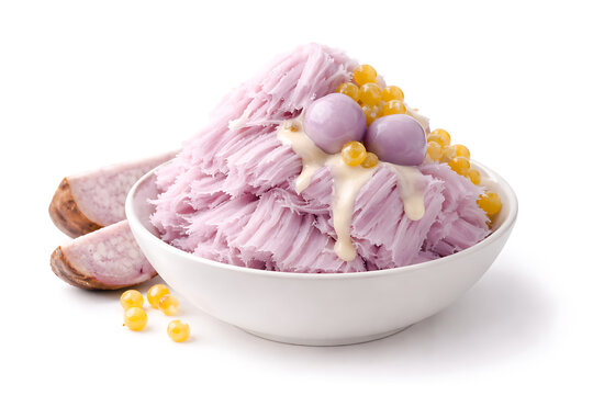 Taiwanese taro snow ice dessert shaved texture, minimalist white setting
