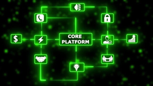  Core platform network interface with neon digital connections animation digital interface background with glowing tech connections.