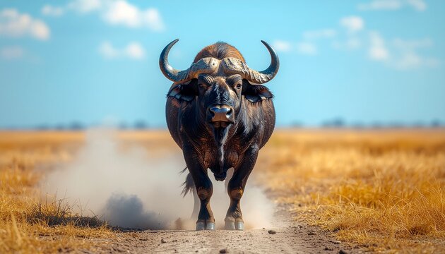Dynamic close-up of a formidable African buffalo bull, charging with intensity through the dry grasslands, capturing the raw power and essence of wild African fauna