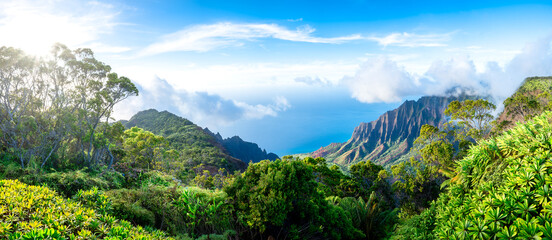 Amazing panoramic view of Kalalau Valley and beautiful Na Pali coast, Kauai island, Hawaii