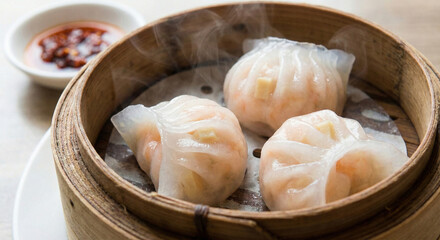  A hyper-realistic macro photograph of three Har Gow (crystal shrimp dumplings) nestled in a worn bamboo steamer basket. The dumpling skins are thin, translucent, and slightly glossy,