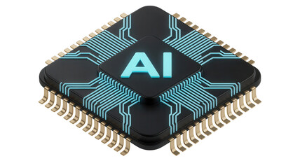 Close-up of AI microchip with glowing blue circuits and gold connectors