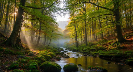 Obraz premium A serene forest stream flows gently through a misty forest with lush greenery and vibrant foliage in the morning light from a low angle