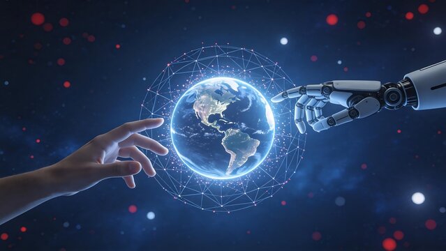 Human hand and robot hand touching globe