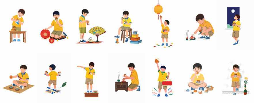 A young boy's joyful celebration of the Mid-Autumn Festival, engaging in diverse traditional activities like eating mooncakes, lighting lanterns, and making offerings.