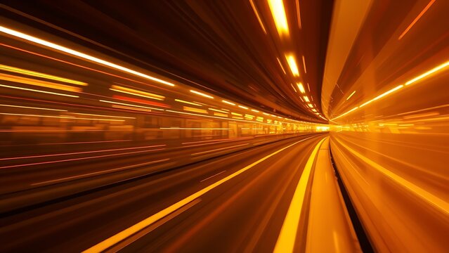streaks. Dynamic golden motion streaks in a dark tunnel, evoking abstract transportation energy. mobility guides, transit brochures, designed for mobility and urban transit guides.