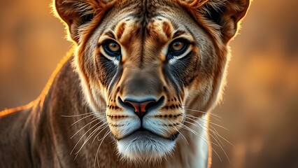 Fototapeta premium lioness. Lioness with a focused gaze, surrounded by savanna ambiance and golden light. wildlife magazines, conservation campaigns, designed for eco-tourism storytelling.