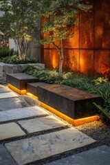 Obraz premium As the evening light casts a warm glow, it beautifully accentuates a contemporary garden design featuring elegant stone pathways and stylish metal benches set within a tranquil private outdoor space
