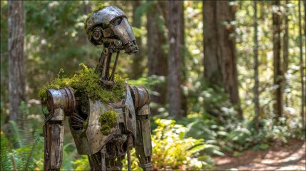 Weathered bronze humanoid robot statue partially overgrown with moss stands silently in a sunlit forest clearing