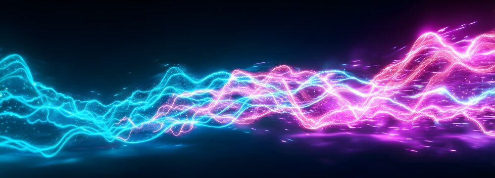 Electrifying Energy Waves: A vibrant display of dynamic energy, rendered as undulating blue and magenta waves, pulsing with intensity against a dark background, reflecting the pulse of modernity.