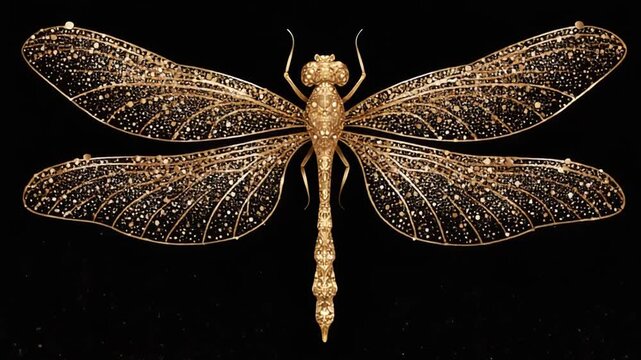 Golden, ornate insect illustration, dragonfly with open wings, against black background