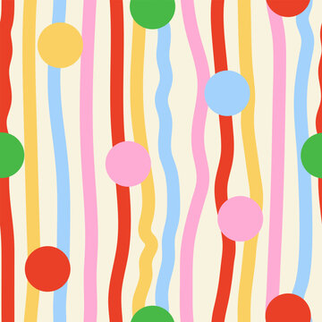 Colorful funky seamless pattern with hand drawn lines and dots. Vector flat background in naive style