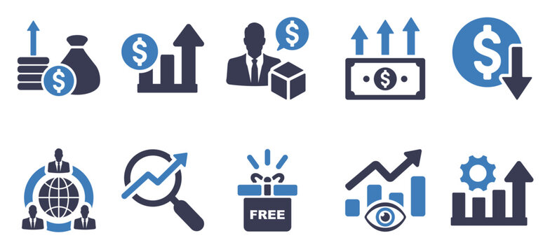 set of increase sale icons as increase revenue reduce