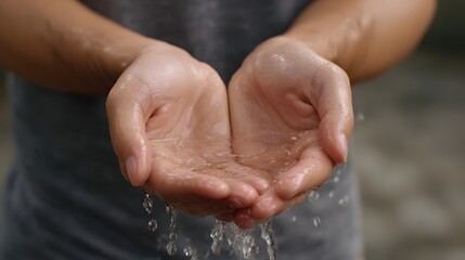 Fototapeta premium Close up of hands cupped together catching clear water as it flows and splashes highlighting the purity and refreshment of liquid