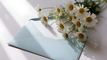 A light blue open envelope lying on a clean white surface, with a bouquet of chamomiles. Soft, natural sunlight coming from the side, casting gentle diagonal shadows across the scene, morning feel.