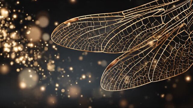 A close-up view of two dragonfly wings with delicate golden veins against a dark background with blurred bokeh