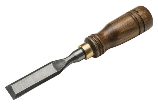Vintage woodworking chisel with wooden handle and steel blade