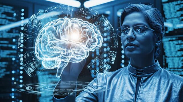 Woman with brain hologram in server room
