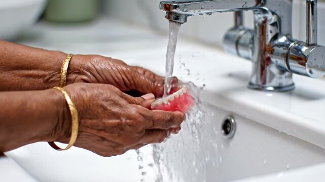 elderly woman cleaning dentures under running water