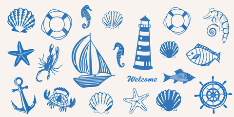 Nautical themed illustrations including shells boats and sea creatures © AnupKumar