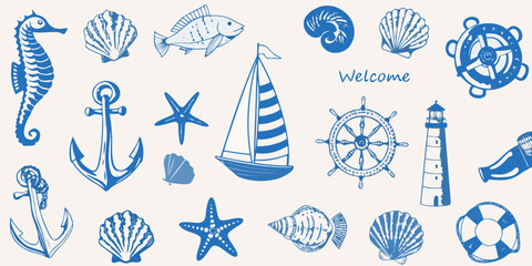 Nautical themed illustrations of sea life and maritime objects © AnupKumar