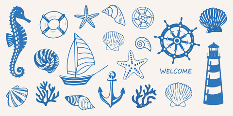 Nautical illustrations depicting seashells seahorses and various ocean elements © AnupKumar