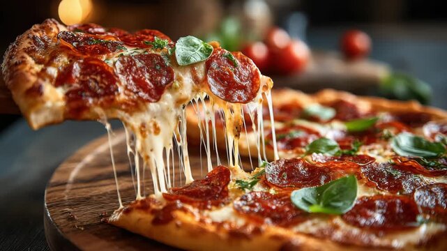 Savory pepperoni pizza topped with melted cheese and fresh basil is served on a rustic wooden board. The cozy atmosphere enhances the appeal of this classic dish.