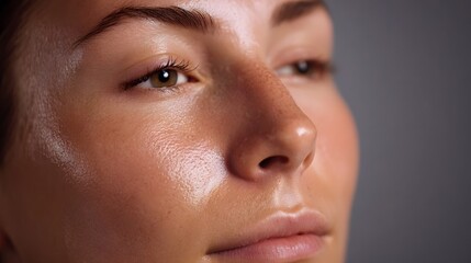 Fototapeta premium Close up of a woman s luminous skin highlighting texture and glow under dramatic lighting