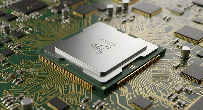 AI-enabled CPU/GPU on green PCB with etched AI labeling, close-up modern computer chip

