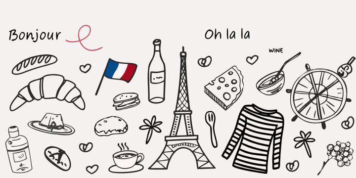A charming doodle collection representing iconic french culture and cuisine
