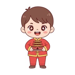 Cute Cartoon Boy in Traditional Chinese Clothing Holding a Pagoda.