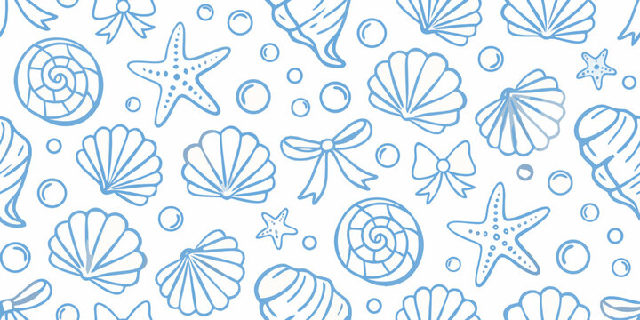 A delicate pattern of seashells starfish and bubbles in light blue
